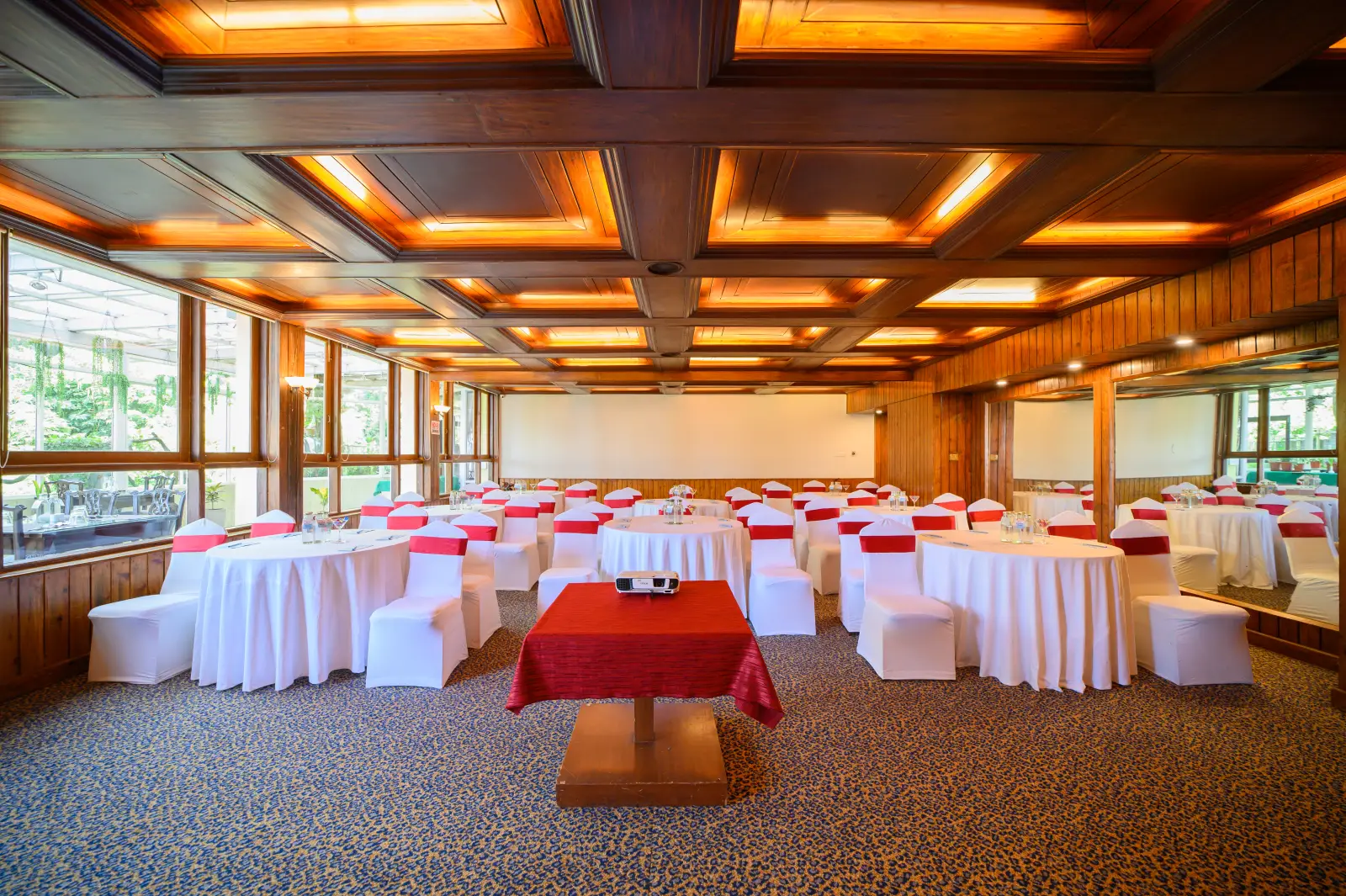 The Pinnacle banquet hall set in classroom style for a conference at Sinclairs Darjeeling